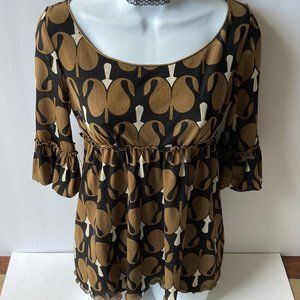 Max Studio  60's Inspired Retro Print Flare Sleeve Blouse Small